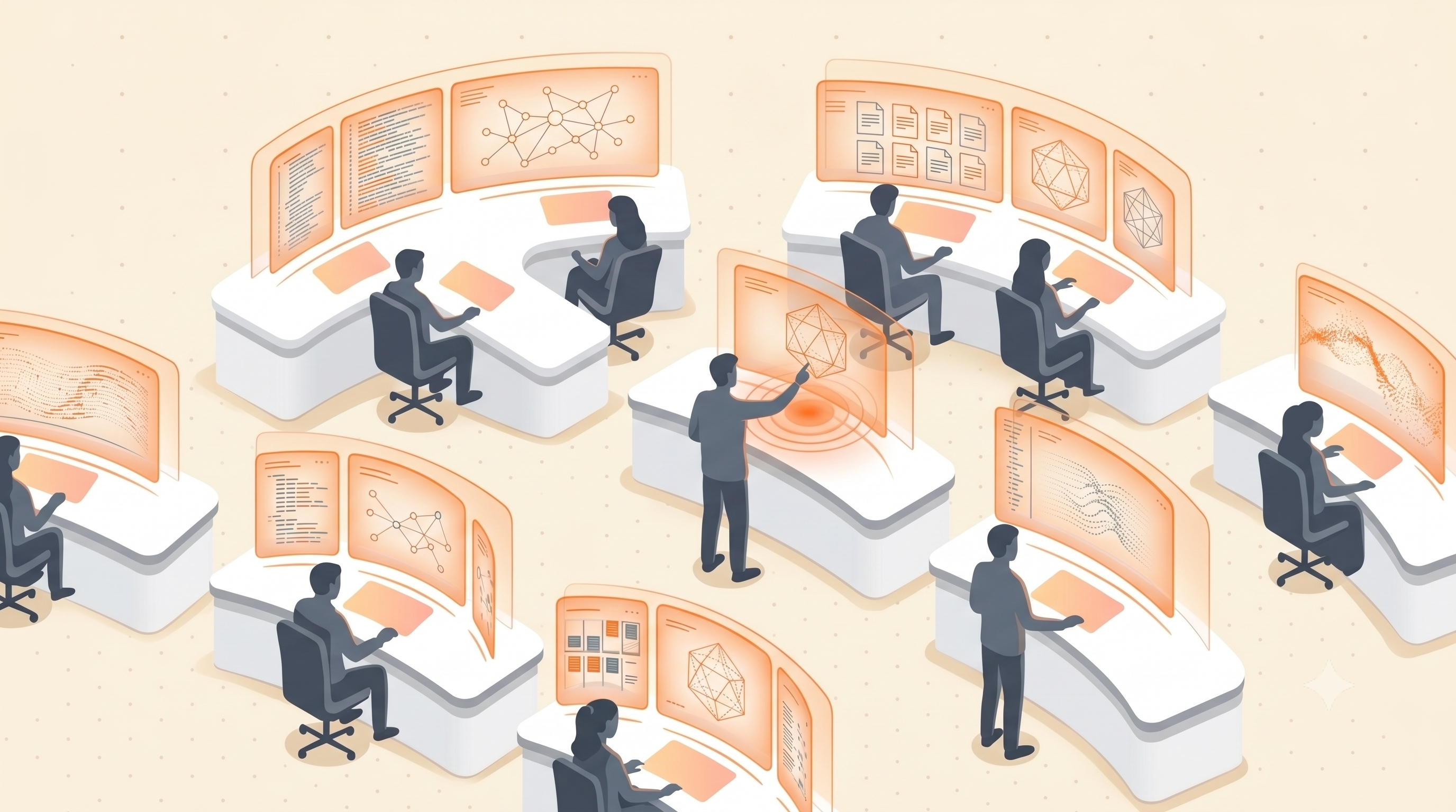 Federal AI command center: stylized figures at workstations with floating holographic screens displaying data, networks, and documents