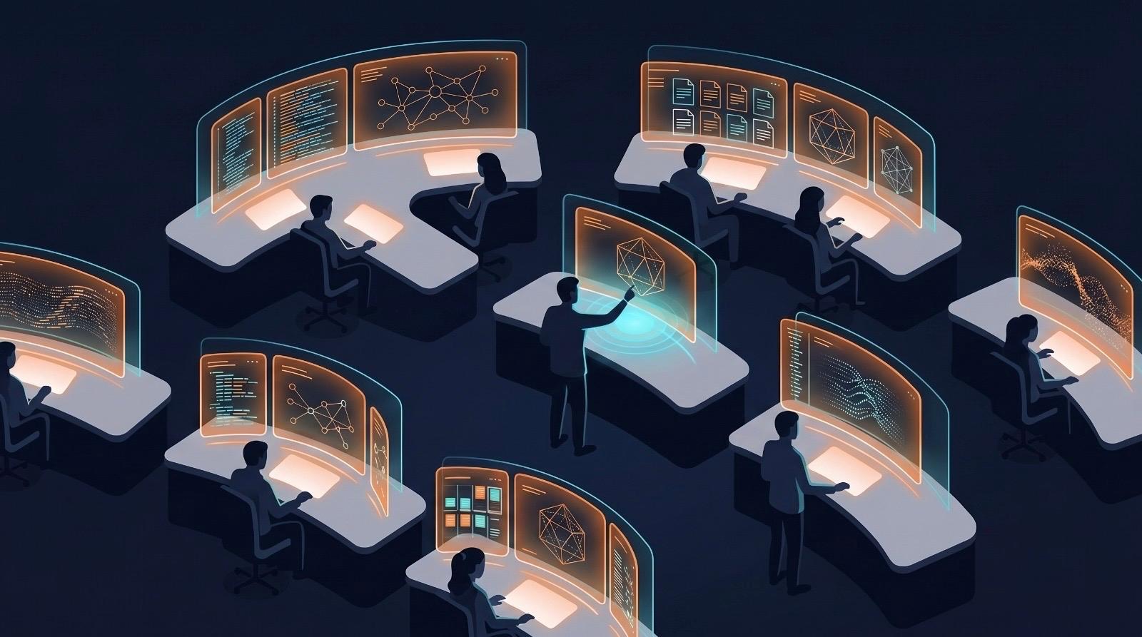 Federal AI command center: stylized figures at workstations with floating holographic screens displaying data, networks, and documents